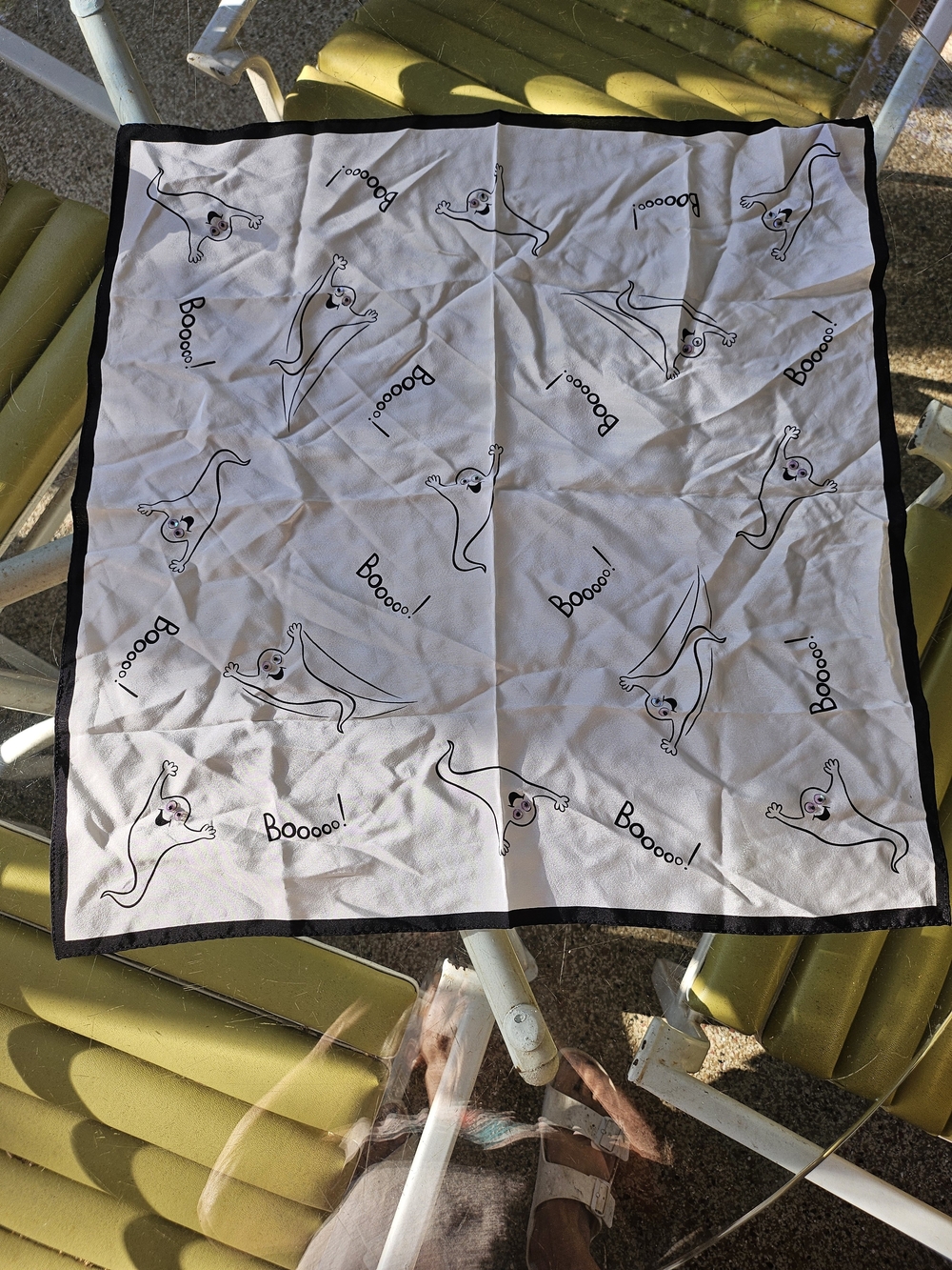 Elaine Gold For Collection XIIX Ghost Print White Silk Scarf Black Trim Googlie